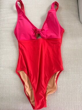 J. Crew Two-Tone Pink and Red One-Piece Swimsuit with Front Knot